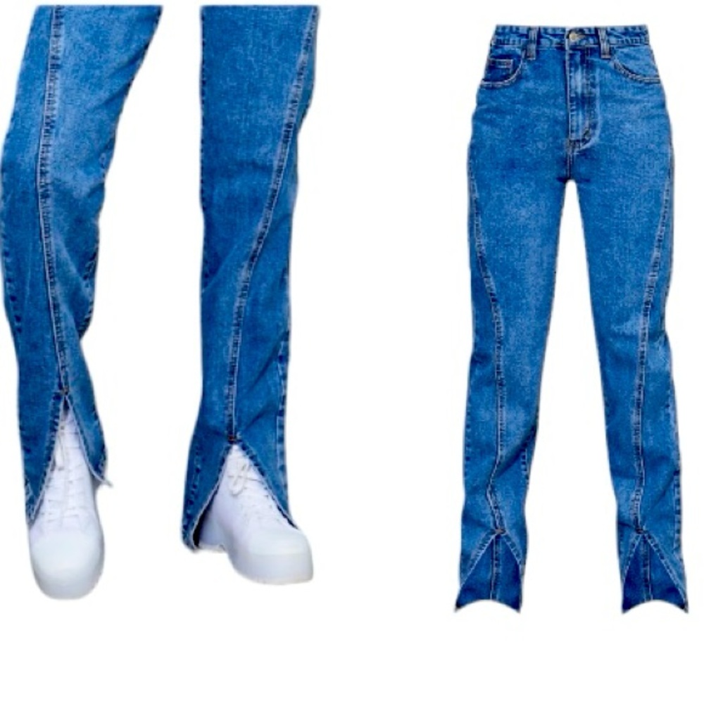 PrettyLittleThing Mid  Blue Wash Seam Detail Split Front Jeans.